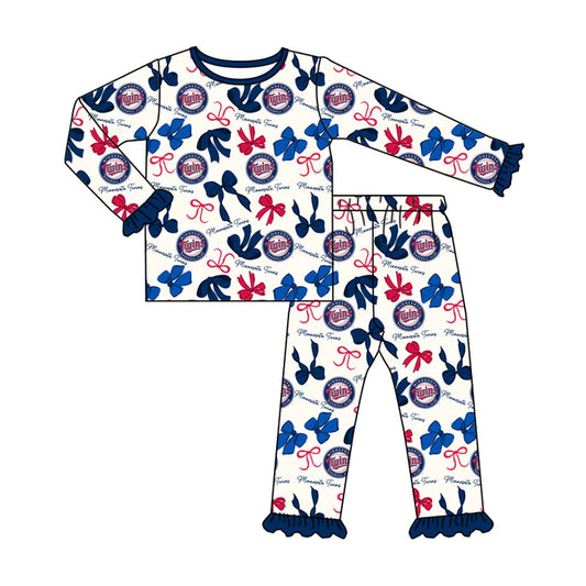 Preorder MOQ 5 Long sleeves T blue bow kids girls team pajamas 8.25