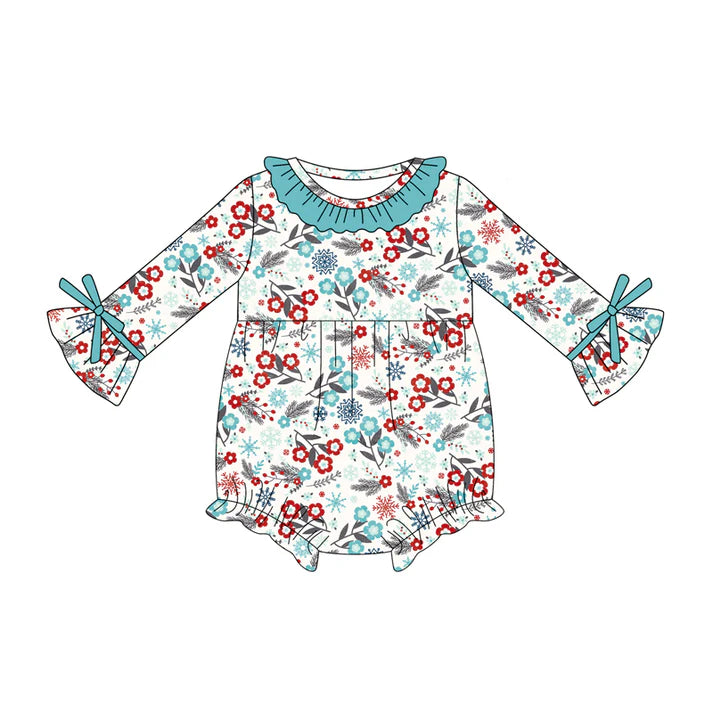 Preorder (moq 5)Baby Girls Long Sleeves Blue Red Flowers Ruffle Rompers 5.16