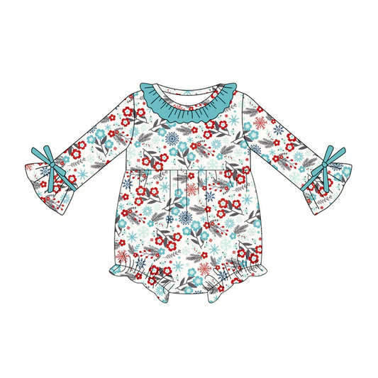 Preorder (moq 5)Baby Girls Long Sleeves Blue Red Flowers Ruffle Rompers 5.16