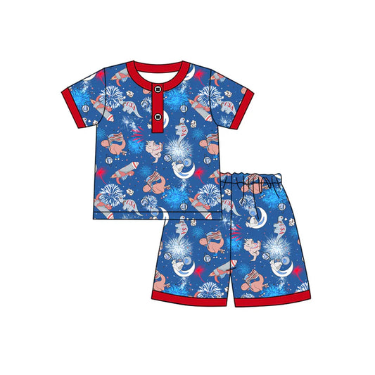 Preorder moq 5 Baby Boys Short Sleeves Button Dinosaurs Flags Top Short 4th Of July Pajamas Set 4.23