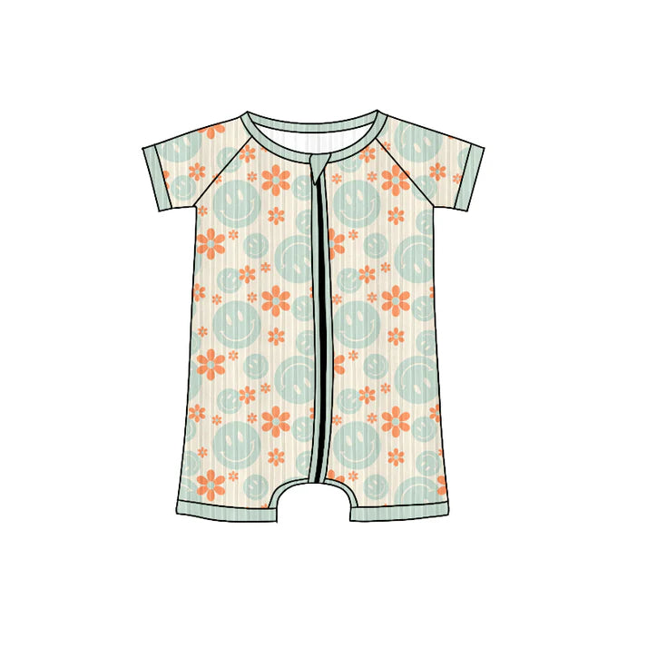 Preorder (moq 5)Baby Girls Short Sleeves Aqua Smiles Flowers Plaid Zipper Shorts Rompers 6.4