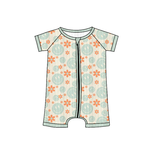 Preorder (moq 5)Baby Girls Short Sleeves Aqua Smiles Flowers Plaid Zipper Shorts Rompers 6.4