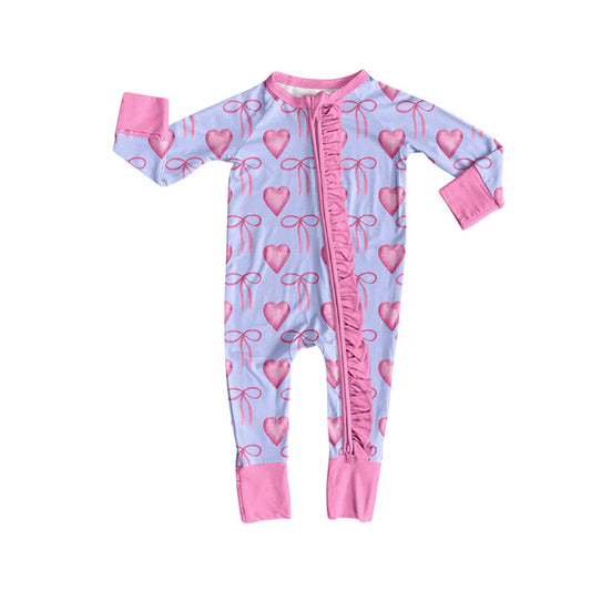 Preorder (moq 8)Baby Girls Pink Bows Hearts Valentine Ruffle Zipper Footie Rompers 9.9