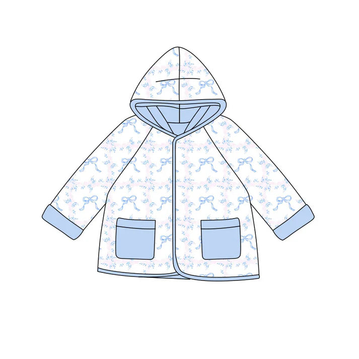 Preorder(moq 5) Baby Girls Blue Bows Flowers Pockets Zipper Hoodies Jacket Top 10.9