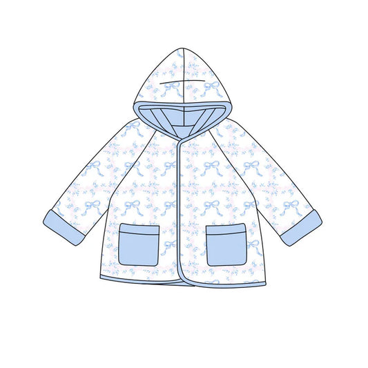 Preorder(moq 5) Baby Girls Blue Bows Flowers Pockets Zipper Hoodies Jacket Top 10.9