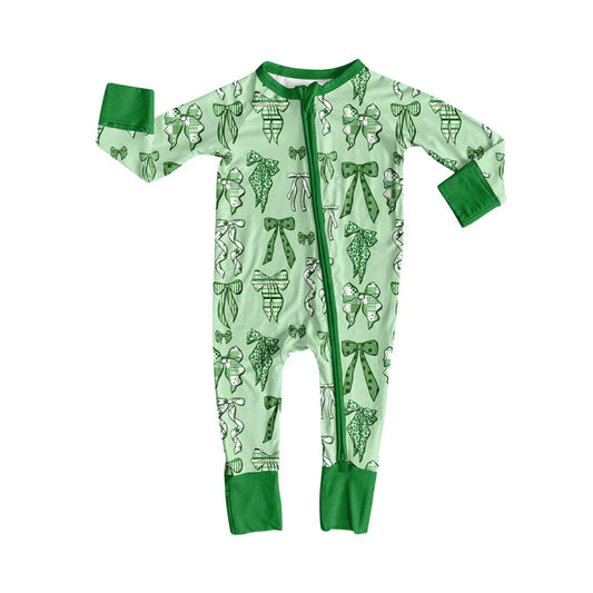 Preorder (moq 8)Baby Girls Green Bows Clovers St Patrick Zipper Footie Rompers 9.23