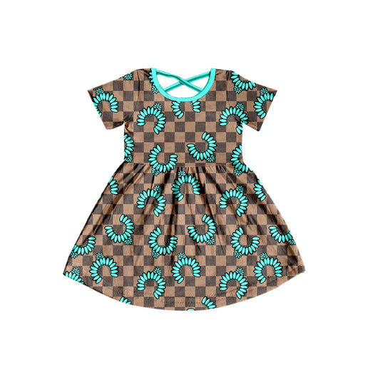 Preorder (moq 8)Baby Kids Short Sleeve Khaki Checked Turquoises Western Knee Length Dresses 9.19
