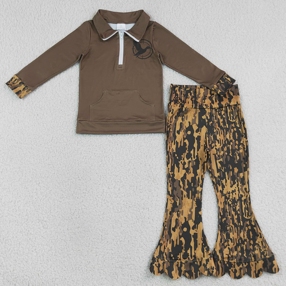 Baby Girls Clothes Ducks Pocket Zip Pullovers Scallop Pants Hunting Clothes Sets GLP3373