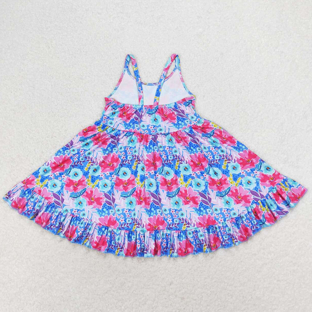 Baby Girls Dress Pink Blue Flowers Straps Ruffle Knee Length Dresses GSD1226