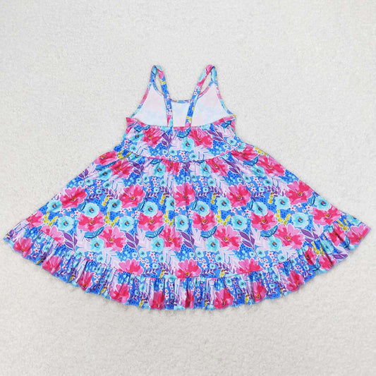 Baby Girls Dress Pink Blue Flowers Straps Ruffle Knee Length Dresses GSD1226