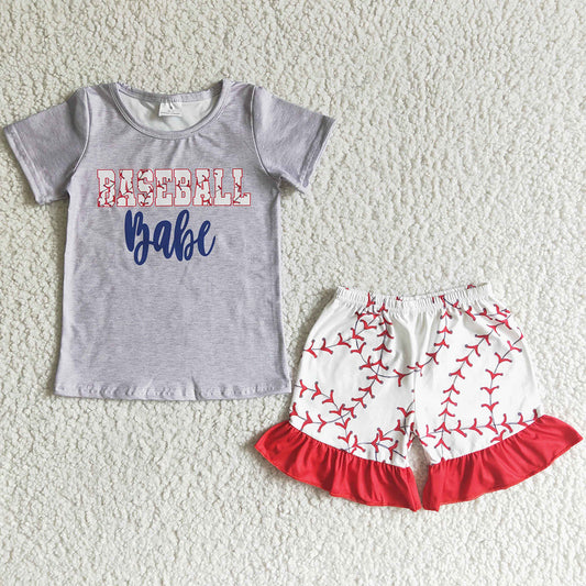 Fashion Baby Girls Clothes Set Baseball Girls Summer Clothes Short Sleeve Ruffle Shorts Set GSSO0018