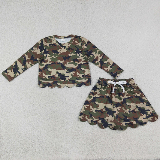 Baby Girls Clothes Long Sleeve Southern Green Camo Tops Skirt Shorts Scallop Clothes Set GLD1620