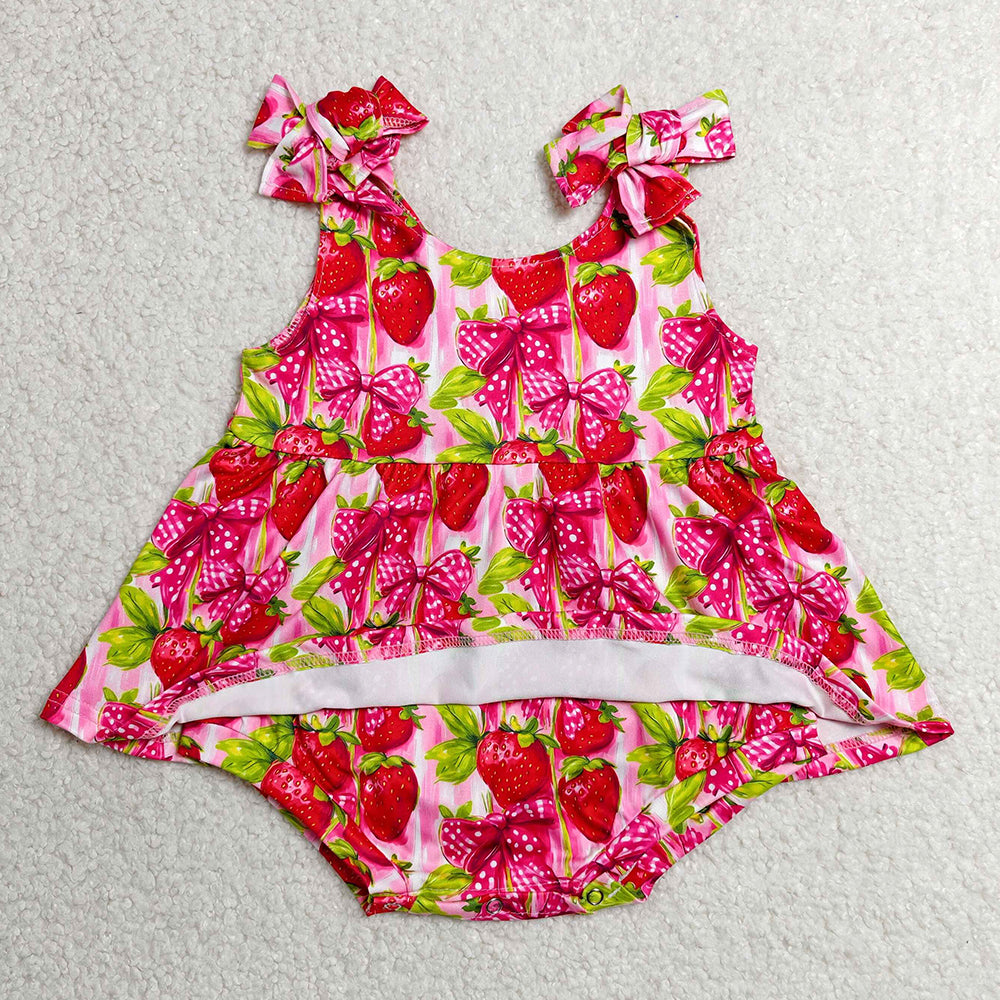 Baby Girls Rompers Strap Bows Strawberry Tunic Ruffle Rompers SR4134