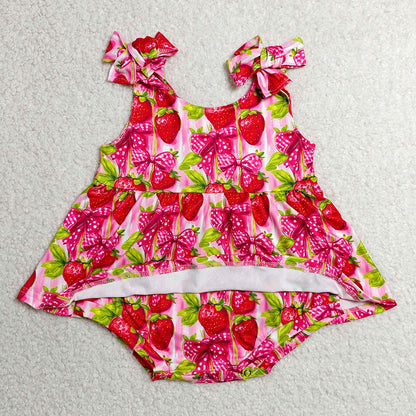 Baby Girls Rompers Strap Bows Strawberry Tunic Ruffle Rompers SR4134