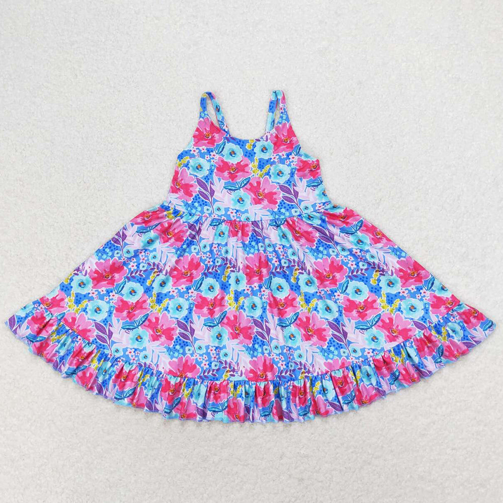 Baby Girls Dress Pink Blue Flowers Straps Ruffle Knee Length Dresses GSD1226