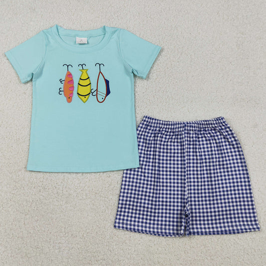 Baby Girls Clothes Sibling Embroidery Fishing Shirt Checked Ruffle Shorts Hunting Clothes Sets GSSO2795 BSSO1628 12.22