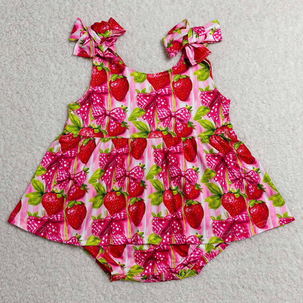 Baby Girls Rompers Strap Bows Strawberry Tunic Ruffle Rompers SR4134