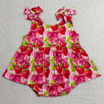 Baby Girls Rompers Strap Bows Strawberry Tunic Ruffle Rompers SR4134