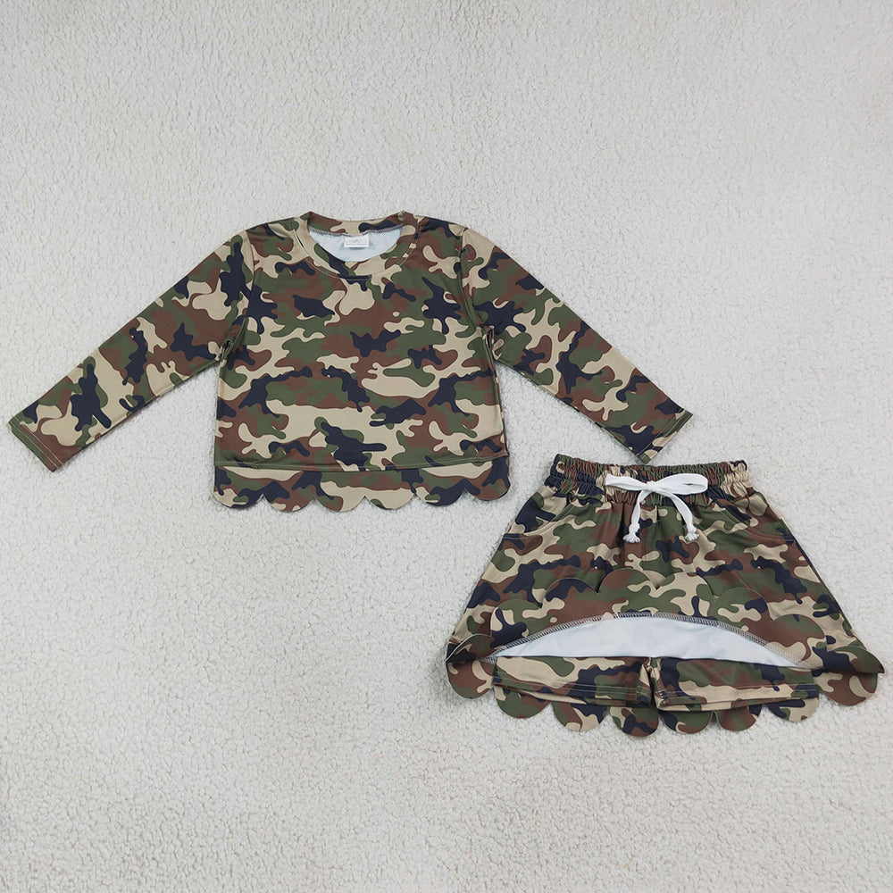 Baby Girls Clothes Long Sleeve Southern Green Camo Tops Skirt Shorts Scallop Clothes Set GLD1620