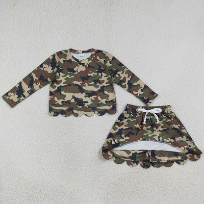 Baby Girls Clothes Long Sleeve Southern Green Camo Tops Skirt Shorts Scallop Clothes Set GLD1620