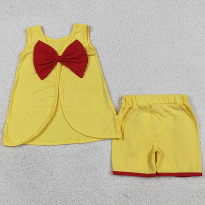 Baby Girls Clothes Yellow Sleeveless Back Bows Tunic Ruffle Shorts Clothes Sets GSSO3466