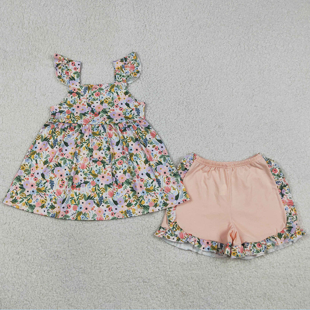 Baby Girls Clothes Flutter Sleeve Colorful Flowers Tunic Ruffle Shorts Clothes Sets GSSO2180