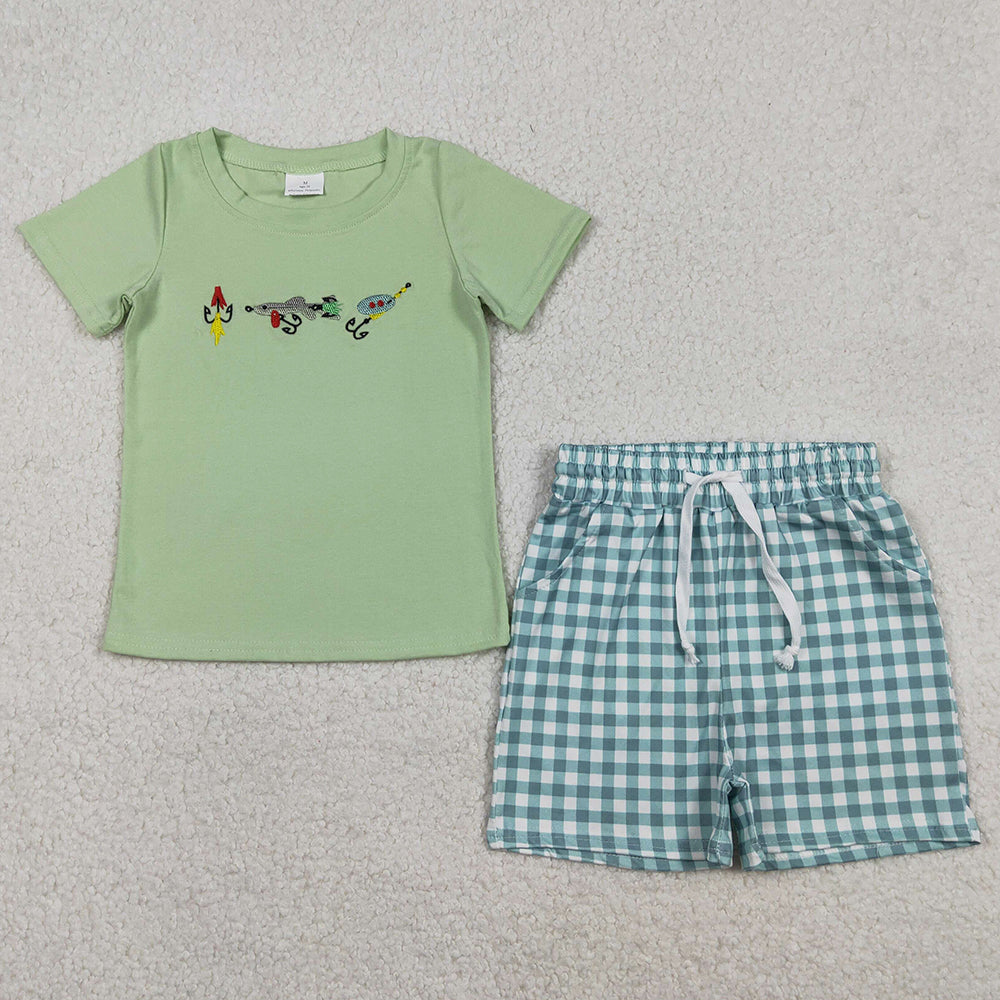 Baby Boys Clothes Embroidery Fishing Top Checked Pockets Shorts Hunting Clothes Sets BSSO1621 12.11