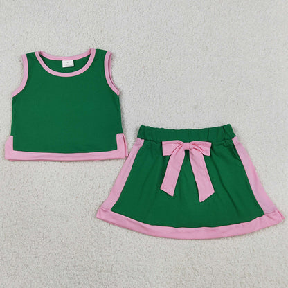 Baby Girls Clothes Green Pink Sleeveless Vest Top Bows Skirt Shorts Clothes Sets GSD3830
