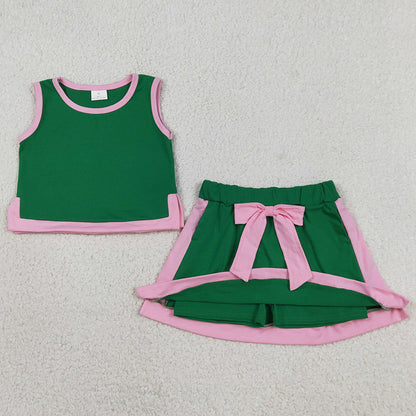 Baby Girls Clothes Green Pink Sleeveless Vest Top Bows Skirt Shorts Clothes Sets GSD3830