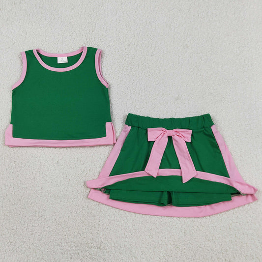 Baby Girls Clothes Green Pink Sleeveless Vest Top Bows Skirt Shorts Clothes Sets GSD3830