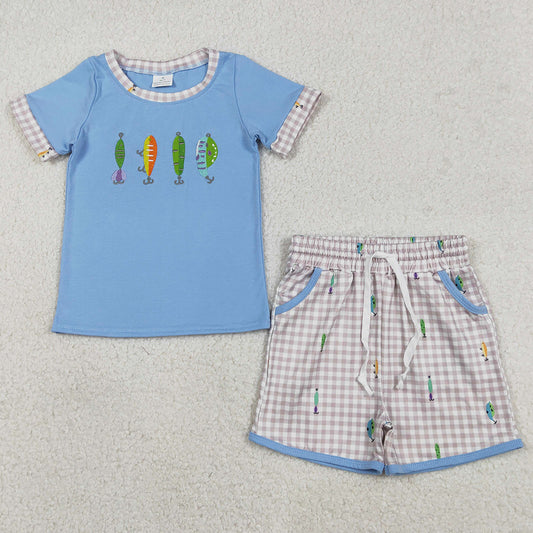 Baby Boys Clothes Embroidery Fishing Top Checked Pockets Shorts Hunting Clothes Sets BSSO1617 12.25