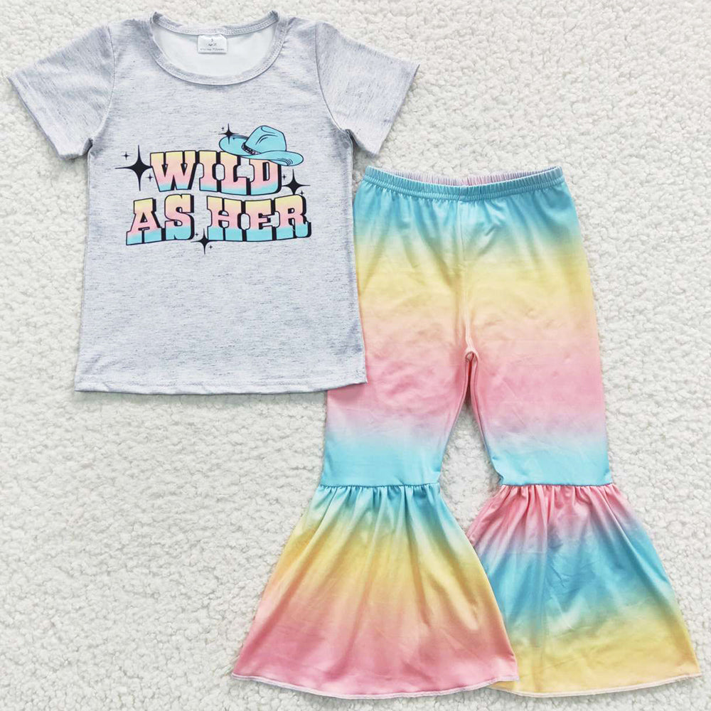 Baby Girls Clothes Wild As Her Tee Shirts Bell Tie Dye Bell Pants Sets GSPO0656