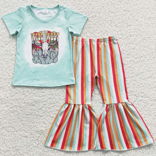 Fashion Baby Girls Clothes Wild West Short Sleeve Top Bell Stripes Pants Sets GSPO0657