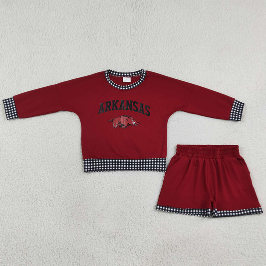 Baby Girls Clothes Vinyl Arkansas Long Sleeve Tops Pockets Shorts Team Clothes Sets GLS0167