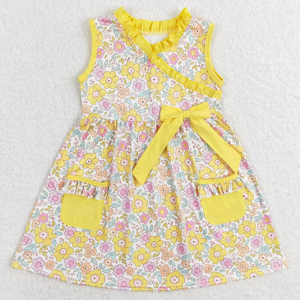 Baby Girls Dress Yellow Small Flowers Bow Pockets Knee Length Dresses GSD1216