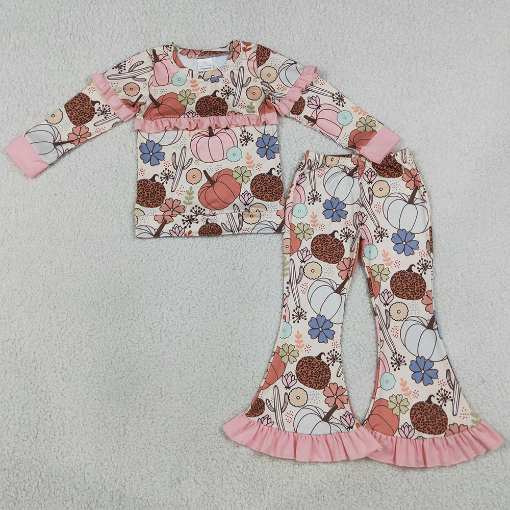 Baby Girls Clothes Flowers Pumpkins Cactus Tops Flare Ruffle Pant Fall Clothes Sets GLP3502