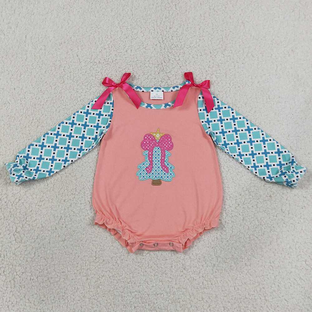 Baby Girls Rompers Embroidery Bow Trees Polka Dots Christmas Ruffle Rompers LR3164
