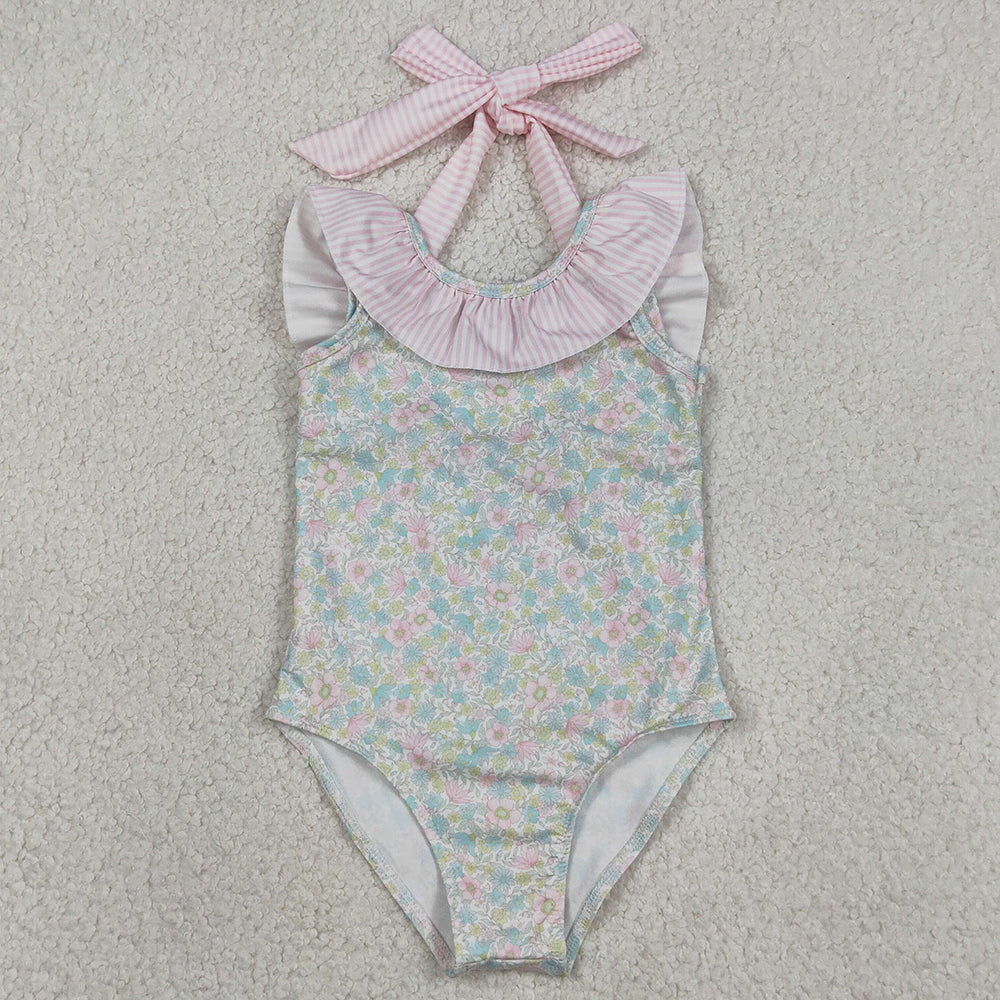 Baby Girls Swimsuits Stripe Bow Flutter Sleeve Colorful Flowers Swimming Swimsuits S0732