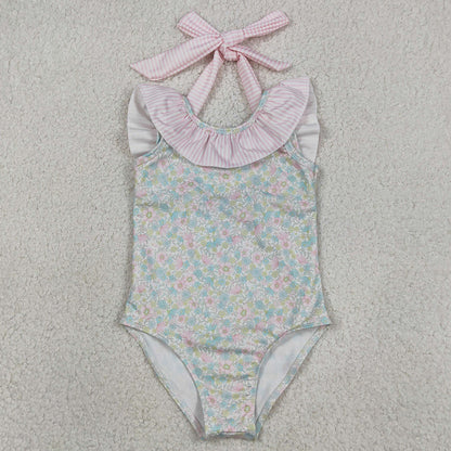 Baby Girls Swimsuits Stripe Bow Flutter Sleeve Colorful Flowers Swimming Swimsuits S0732