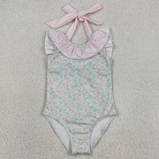 Baby Girls Swimsuits Stripe Bow Flutter Sleeve Colorful Flowers Swimming Swimsuits S0732