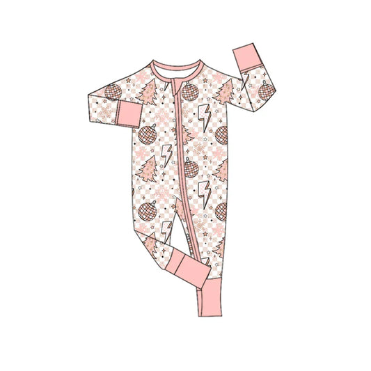 Preorder moq 5 Baby Infant Girls Long Sleeves Pink Plaid Lights Trees Zipper Romper 7.15