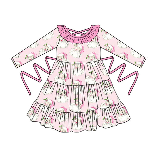 Preorder moq 5 Baby Girls Pink Long Sleeves Santa With Belt Ruffle Knee Length Dresses 5.2