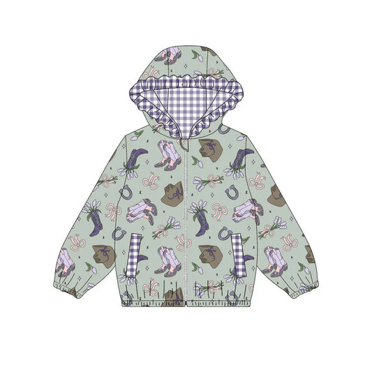 Preorder (moq 8)Baby Girls Purple Boots Hats Flowers Pockets Zipper Ruffle Hoodies Jackets Top 9.8