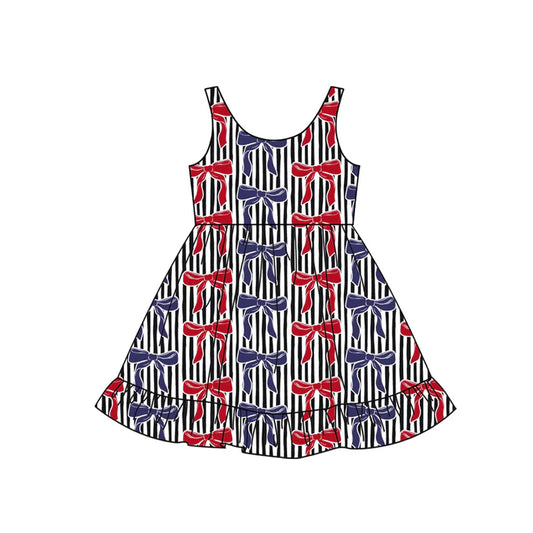Preorder moq 5 Baby Girls Sleeveless Blue Red Bows Strap 4th Of July Knee Length Dress 4.22