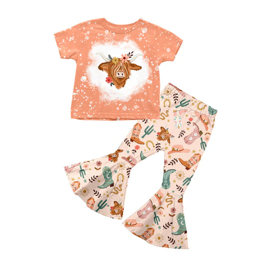 Preorder (moq 5)Baby Girls Peach Short Sleeves Highland Cows Cactus Top Bell Bottom Pant Set 5.12