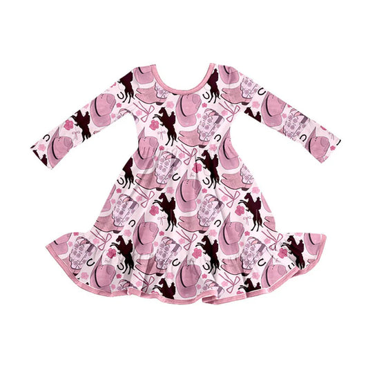 Preorder (moq 8)Baby Girls Hats Horse Rodeos Western Ruffle Knee Length Dresses 9.11