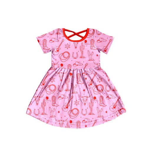 Preorder (moq 8)Baby Kids Short Sleeve Bull Skulls Cactus Western Knee Length Dresses 9.19
