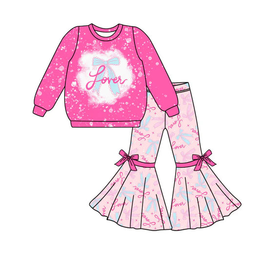 Preorder (moq 8)Baby Girls Pink Long Sleeve Love Bows Top Bell Bottom Pants Valentine Clothes Sets 9.9