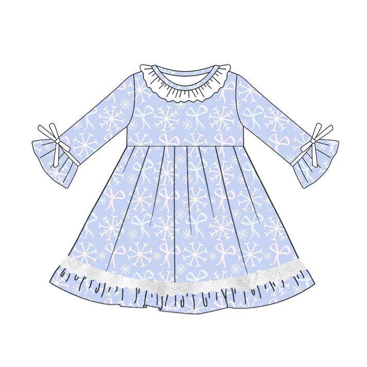 Preorder (moq 5)Baby Girls Long Sleeves Blue Bows Snowflake Lace Ruffle Knee Length Dresses 5.21