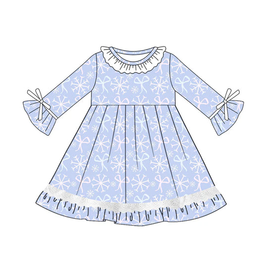 Preorder (moq 5)Baby Girls Long Sleeves Blue Bows Snowflake Lace Ruffle Knee Length Dresses 5.21